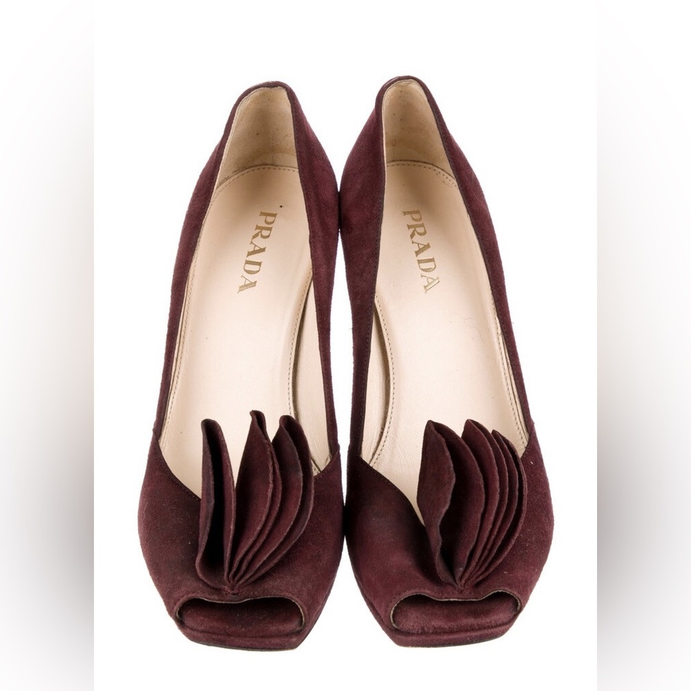 Prada brown suede peep toe petal heels pumps 38 8